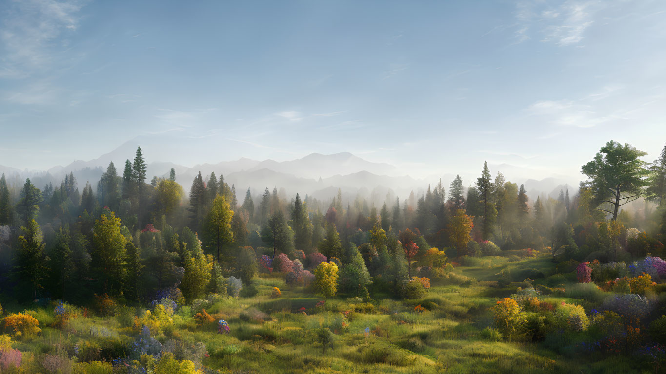 Tranquil forest scene with colorful foliage and misty mountains