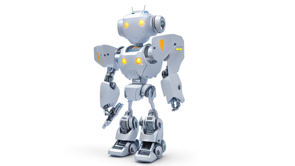 Friendly humanoid robot illustration with grey body, blue lights, and articulated joints