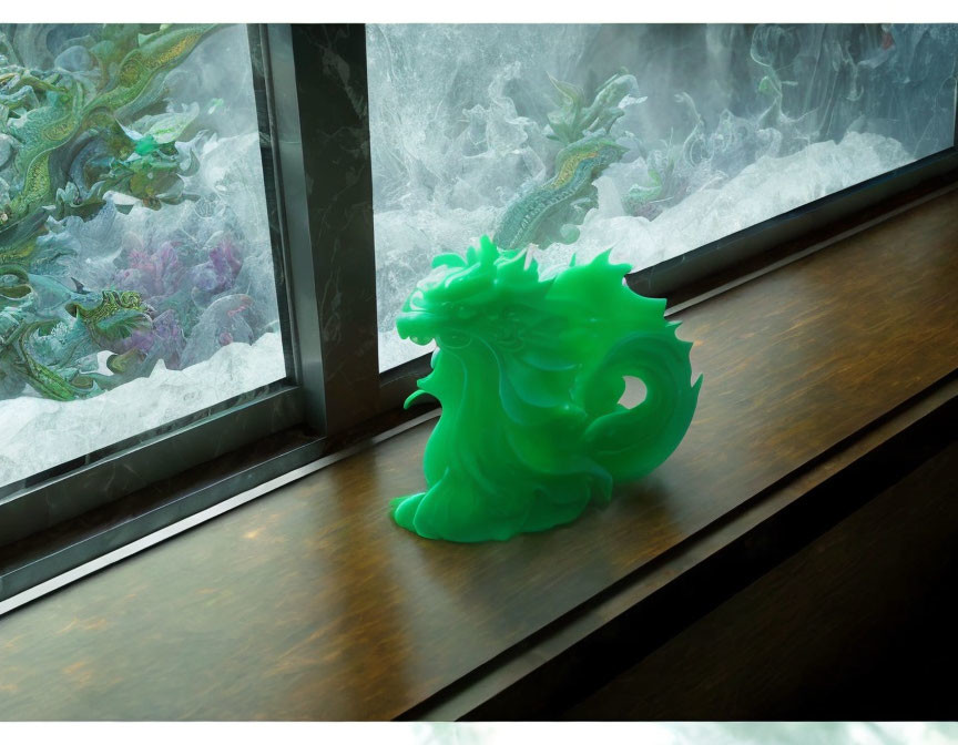 Detailed Green Dragon Sculpture on Wooden Ledge with Intricate Dragon Artwork on Frosted Glass