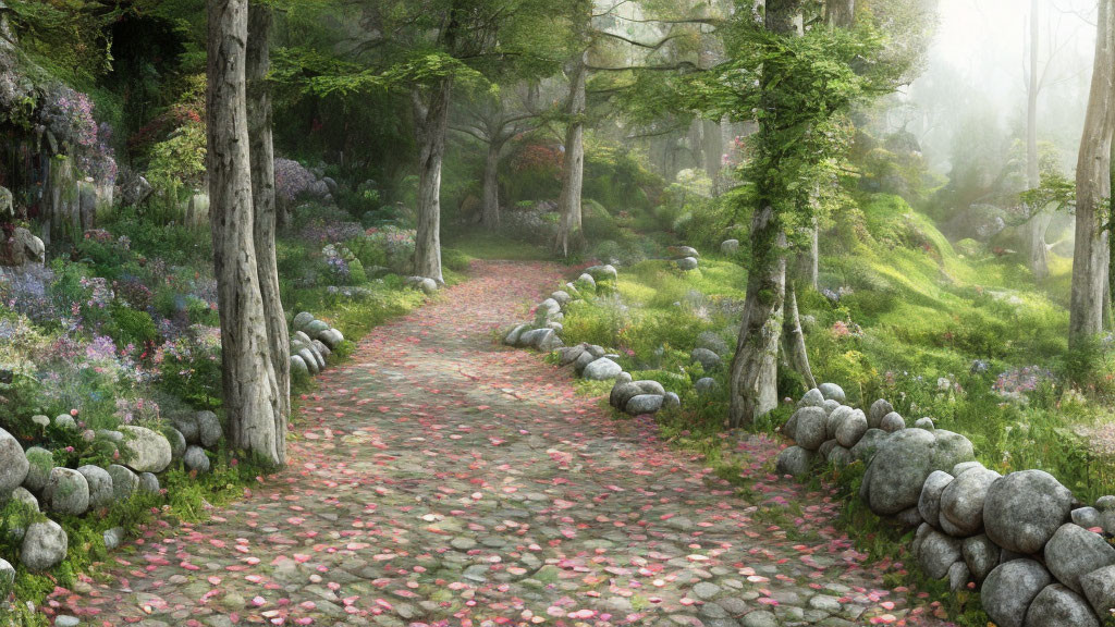 Tranquil forest path with stones, pink petals, lush trees, and purple flowers