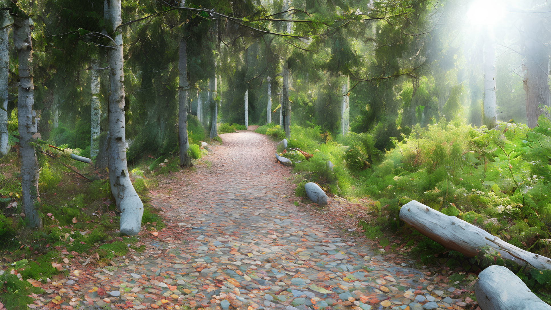 Tranquil forest path with large stones and lush green trees