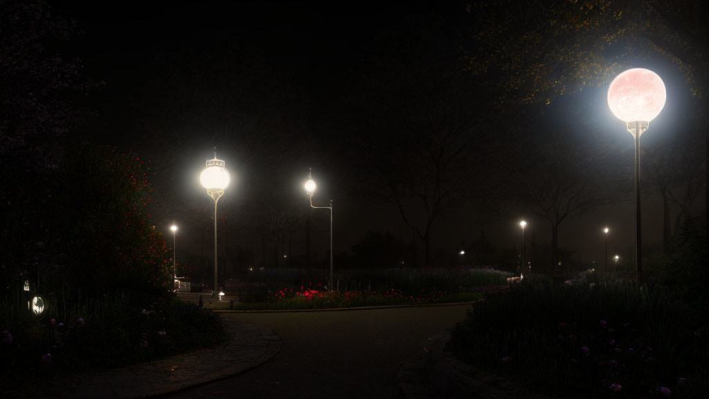 Nighttime park scene with illuminated street lamps, blooming flowers, winding path, and full moon.