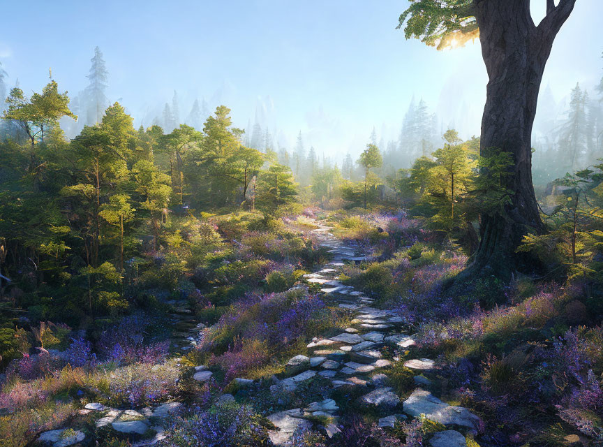 Tranquil Forest Path with Sunlight and Wildflowers