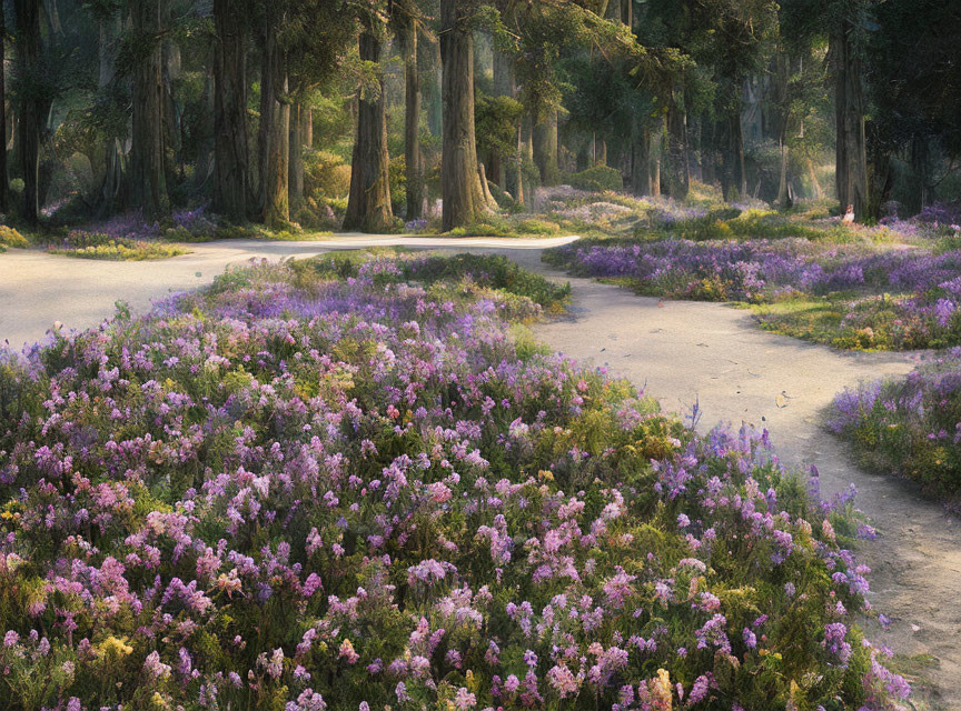 Tranquil Forest Path with Purple Flowers and Sunlight Glow