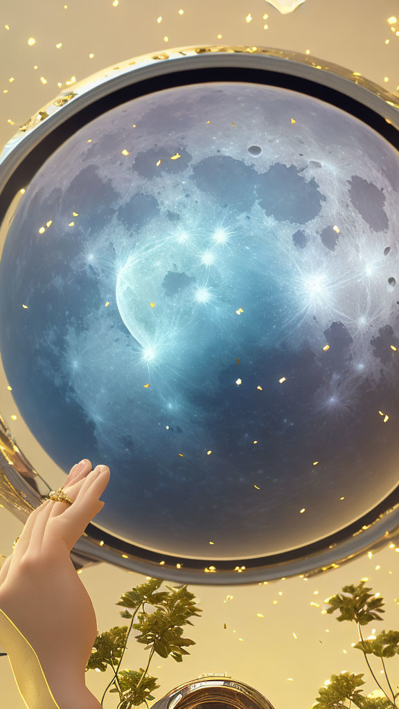 Hand reaching celestial globe with moon-like surface amidst golden flecks and greenery under warm light