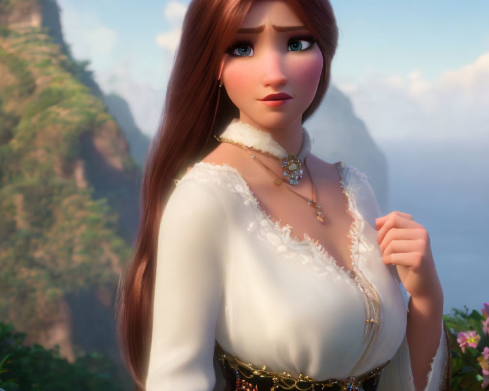 Long-haired female character in white dress with gold details, blue eyes, and necklace in natural setting