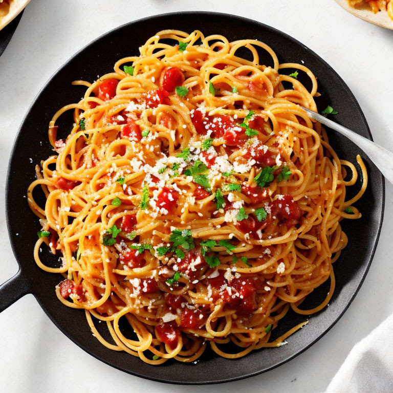 Skillet with spaghetti in tomato sauce, herbs, and cheese.