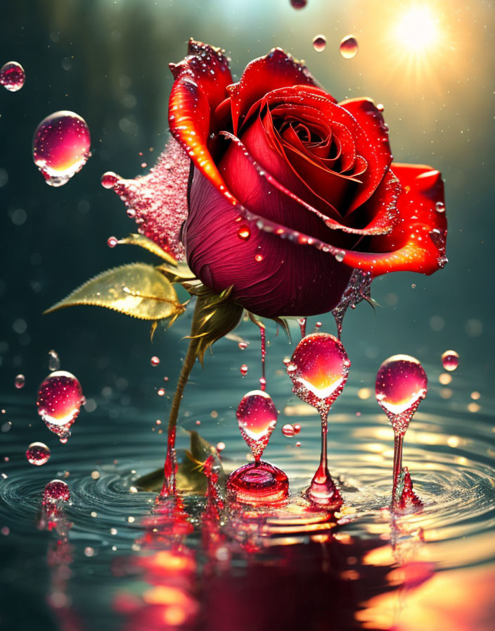 Bright Red Rose with Water Droplets in Warm Backlit Glow