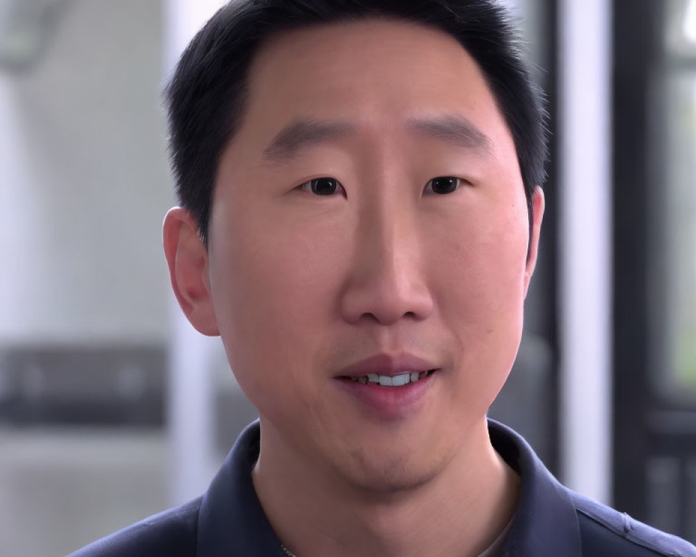 Man with Short Black Hair in Black Jacket and Blue Shirt Facing Camera