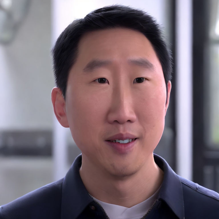 Man with Short Black Hair in Black Jacket and Blue Shirt Facing Camera