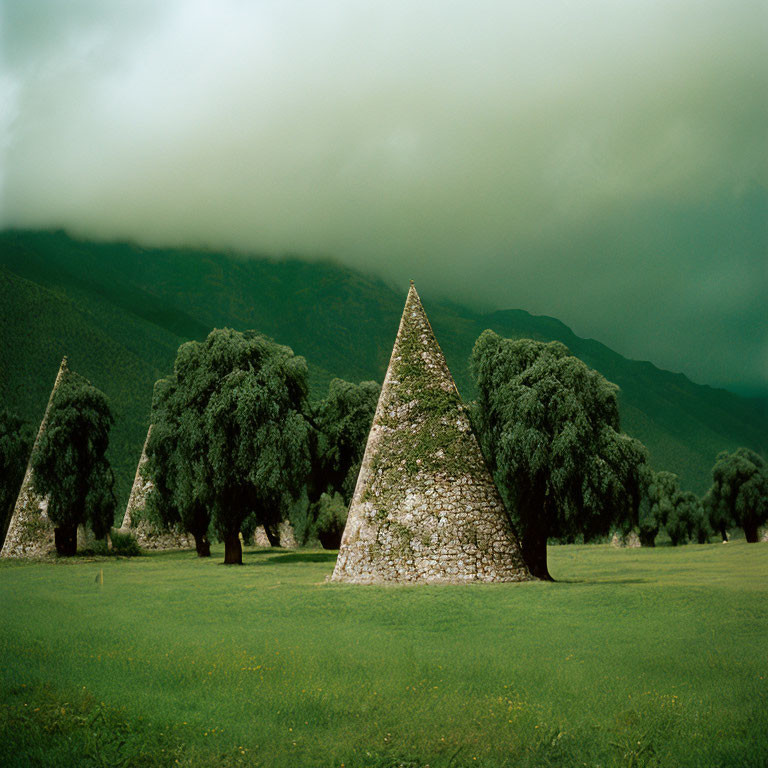 Lush trees and stone pyramids in grassy field under stormy sky