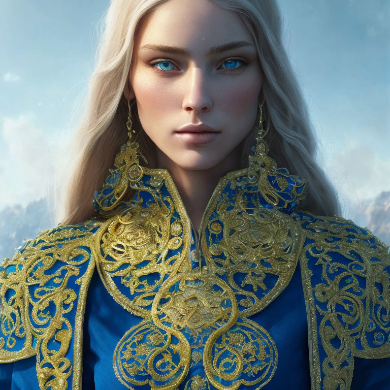 Platinum blonde female character in blue royal attire