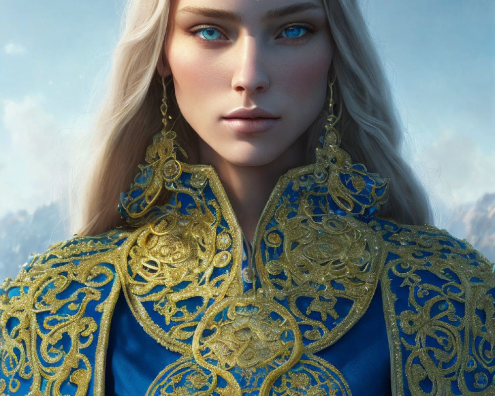 Platinum blonde female character in blue royal attire