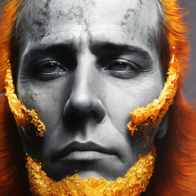 Person with Grey Skin and Orange Flames, Expressive Eyes and Vibrant Hair
