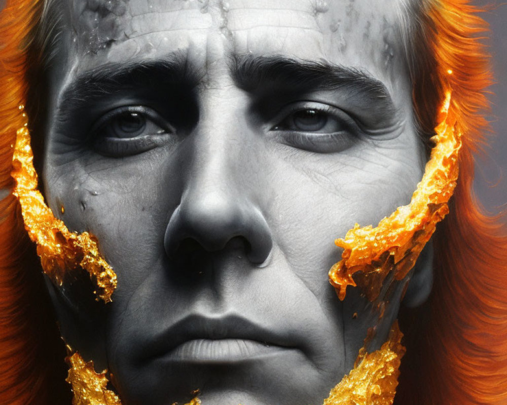 Person with Grey Skin and Orange Flames, Expressive Eyes and Vibrant Hair