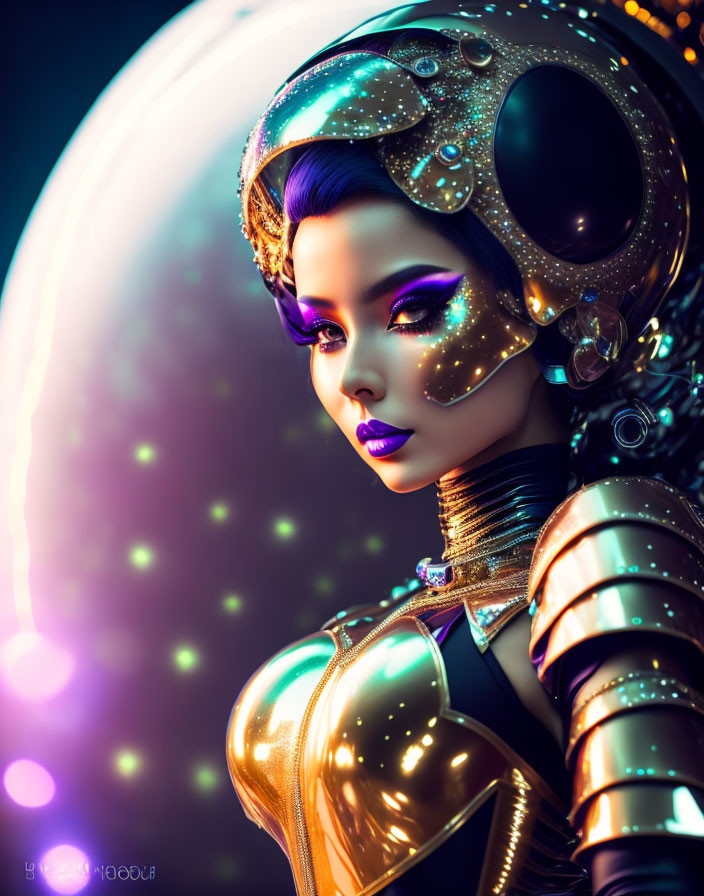 Futuristic woman in sci-fi headgear and golden armor against glowing lights