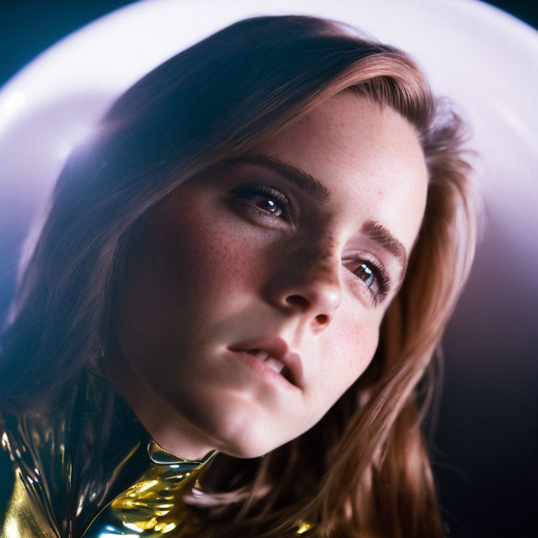 Woman with subtle makeup in soft lighting, golden collar and white brim.