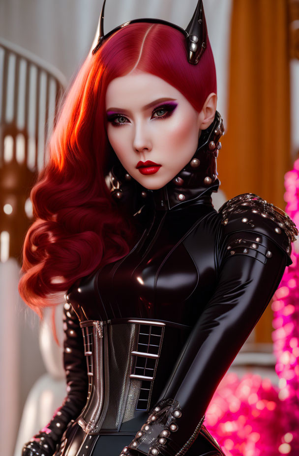 Red-haired woman in gothic makeup dons black latex suit with horns, exuding fantasy villainess