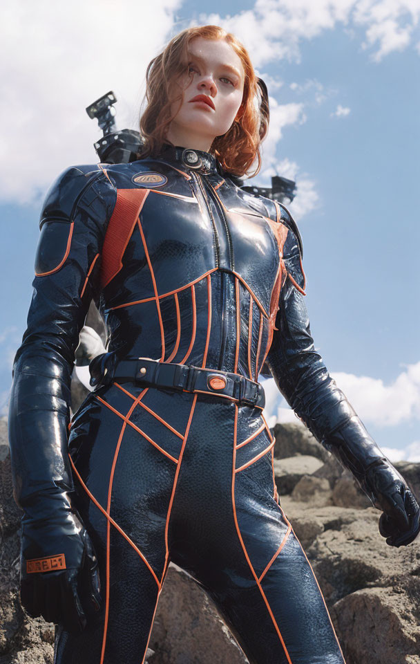 Futuristic woman in black and orange suit with mechanical elements against cloudy sky