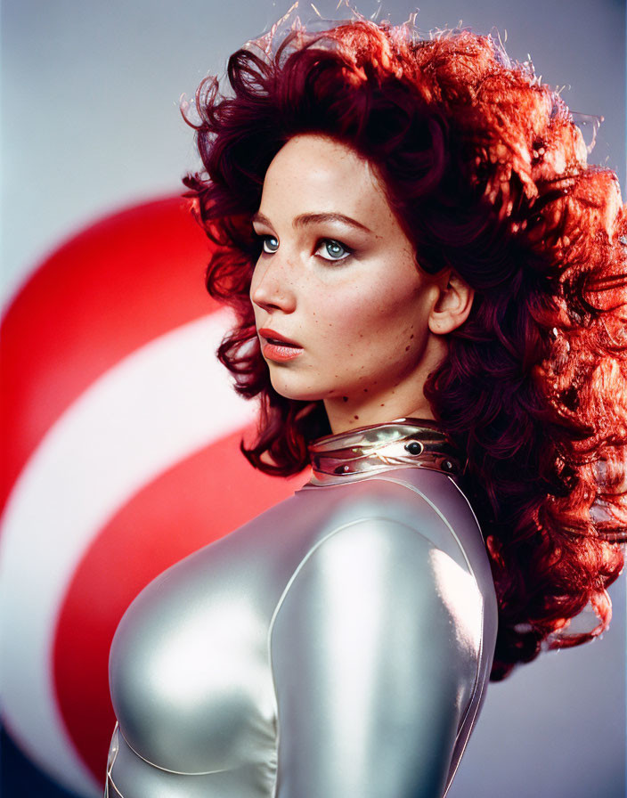 Voluminous red hair and blue eyes in metallic bodysuit pose on red and white backdrop