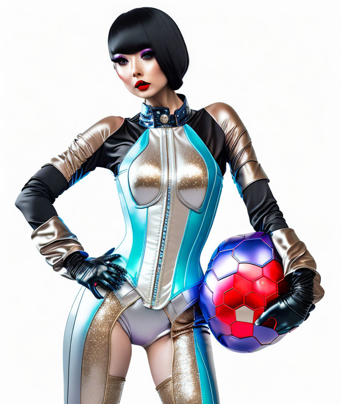 Futuristic woman in silver and blue bodysuit with bob haircut holding red and blue soccer ball