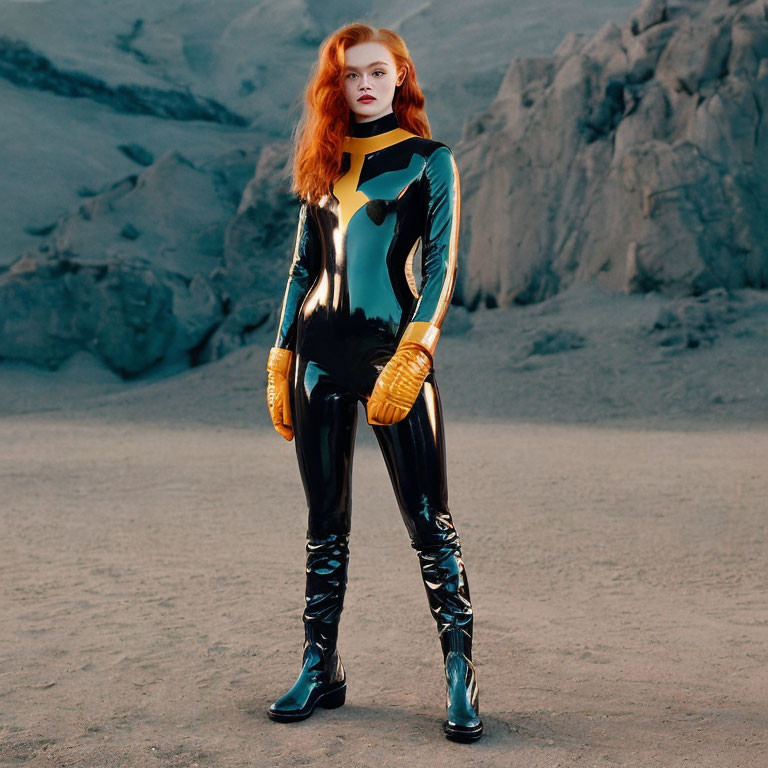 Red-haired woman in black and teal bodysuit with yellow accessories in desert landscape at dusk