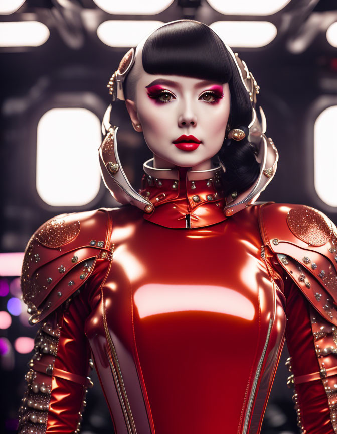 Futuristic woman in red armor with metallic shoulder embellishments