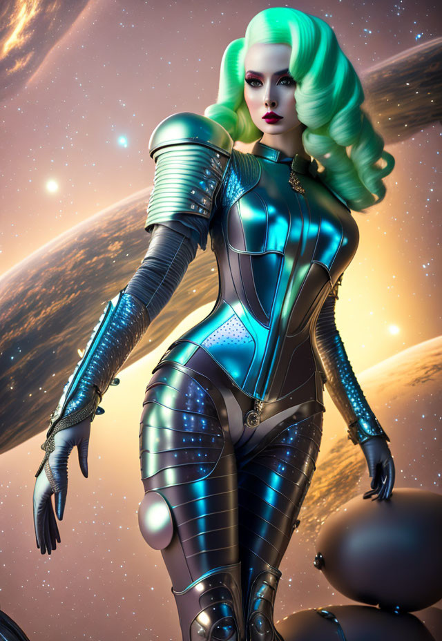 Futuristic woman with green hair in metallic bodysuit against cosmic backdrop