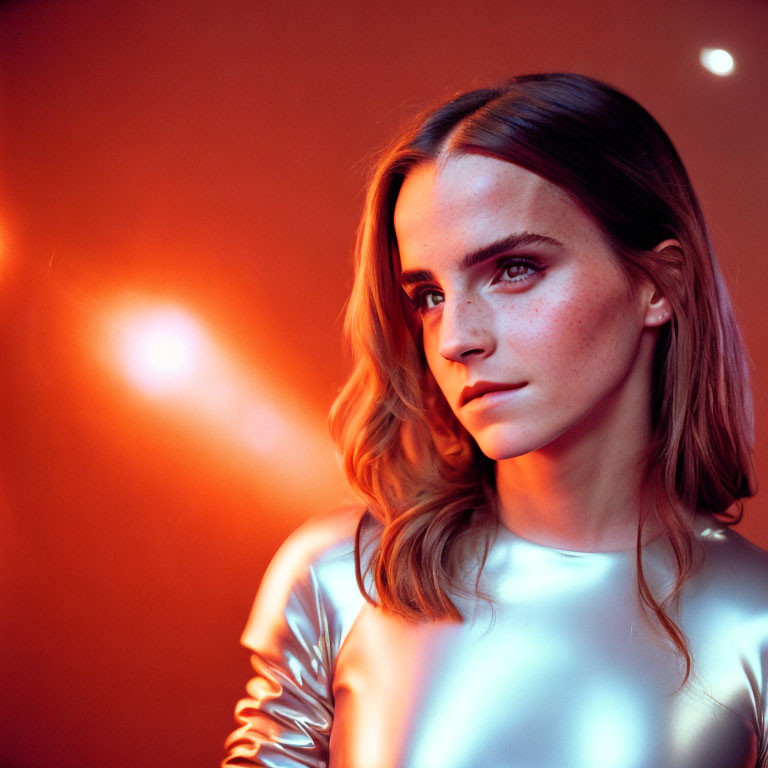 Medium-Length Hair Woman Contemplating Against Red Backdrop