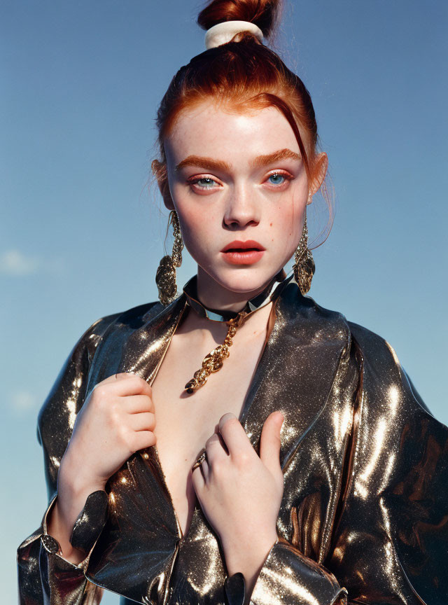 Red-haired woman in gold attire under blue sky