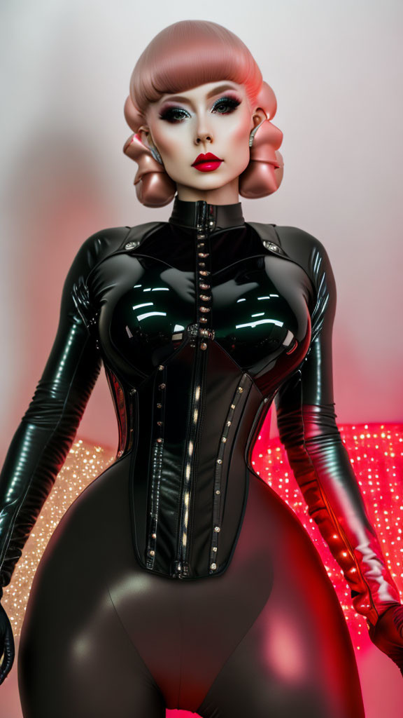 Stylized image of woman in black bodysuit on pink backdrop