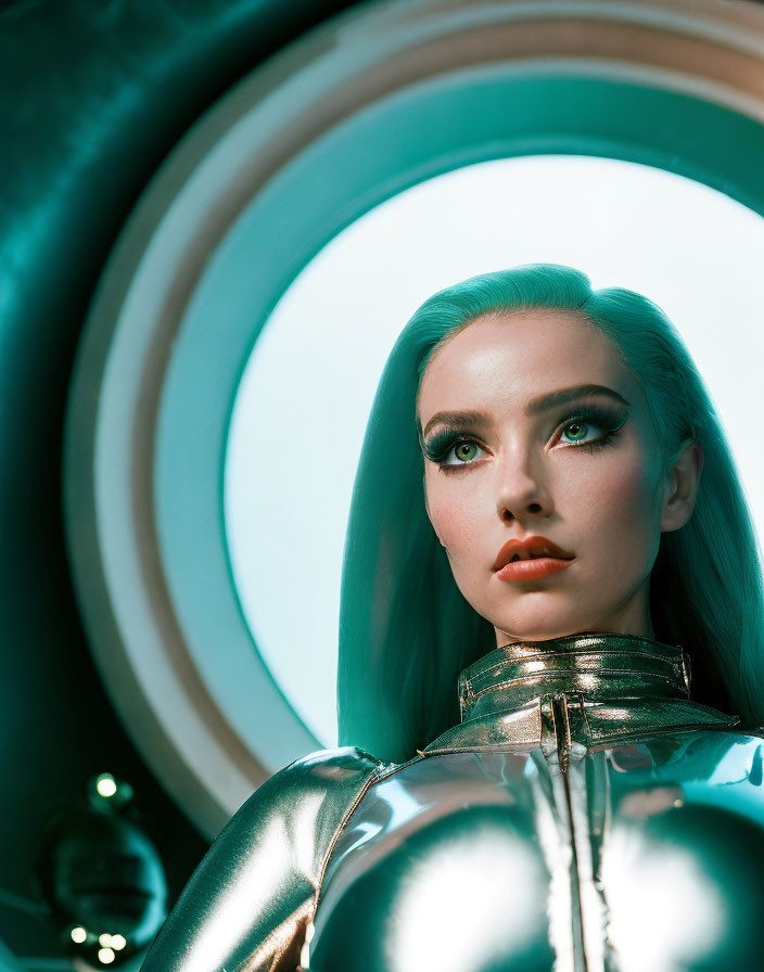 Futuristic woman in metallic clothing with abstract blue circular design