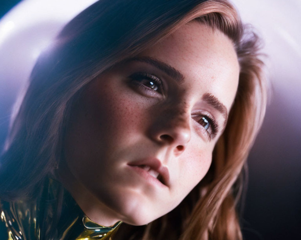 Woman with subtle makeup in soft lighting, golden collar and white brim.