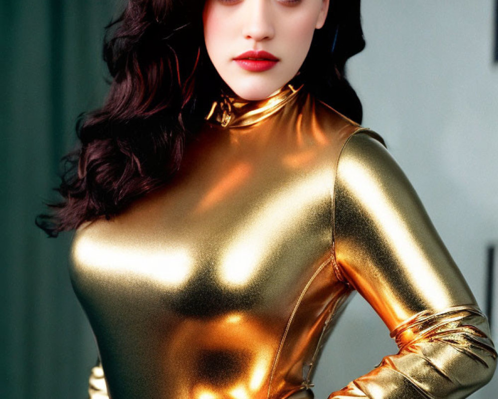 Shiny gold bodysuit woman with long wavy hair posing