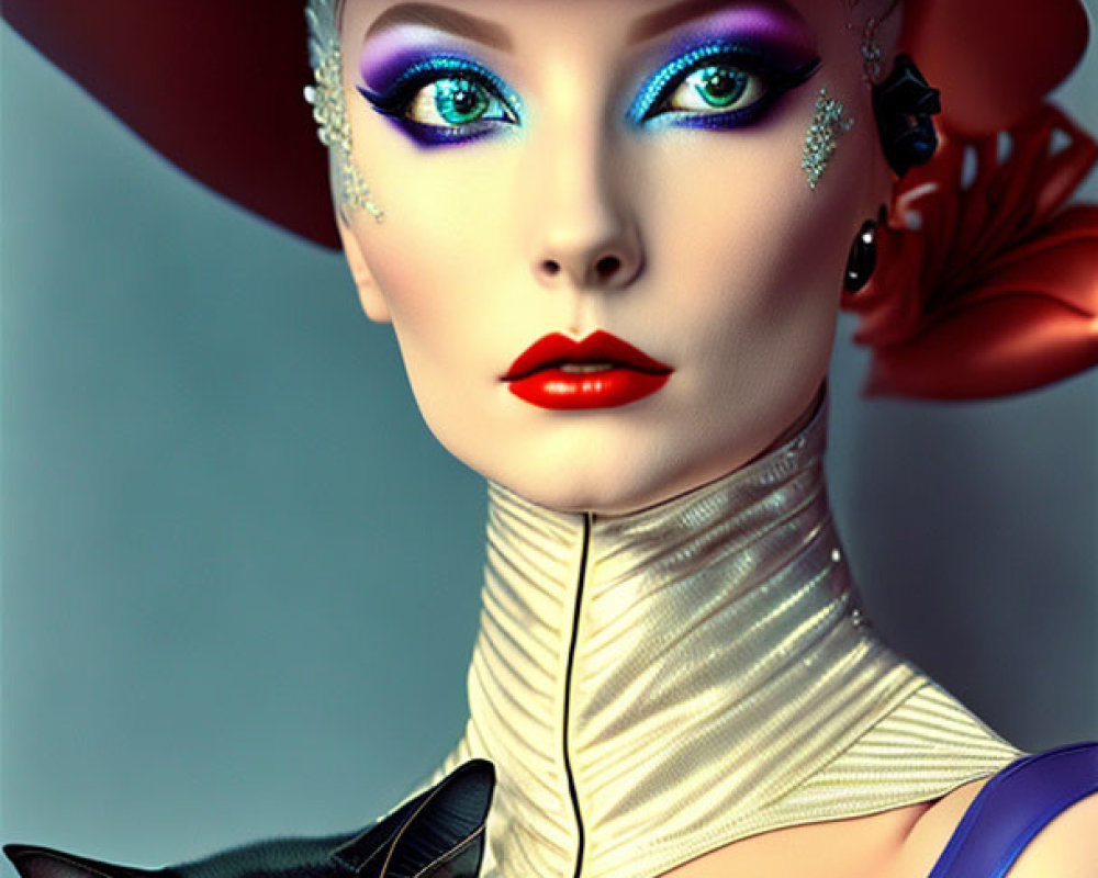 Woman with Striking Makeup Holding Black and White Cat in Red Hat and White Outfit