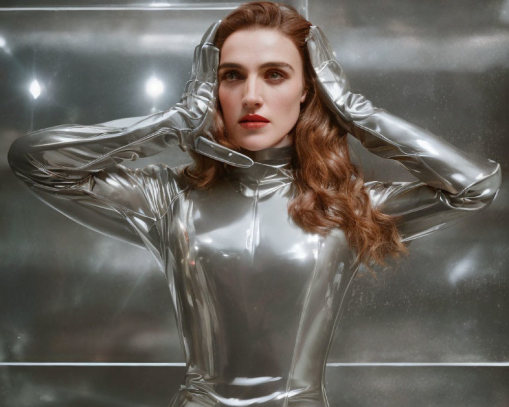 Futuristic woman in metallic silver bodysuit against shimmering background