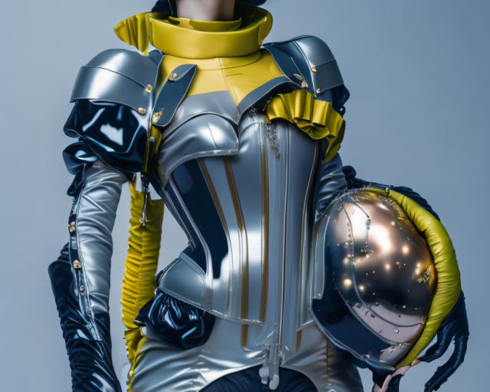 Futuristic silver and yellow armor suit on confident woman