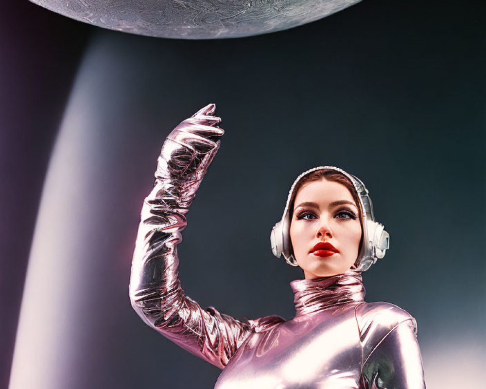 Person in shiny metallic spacesuit touching moon-like sphere under beam of light