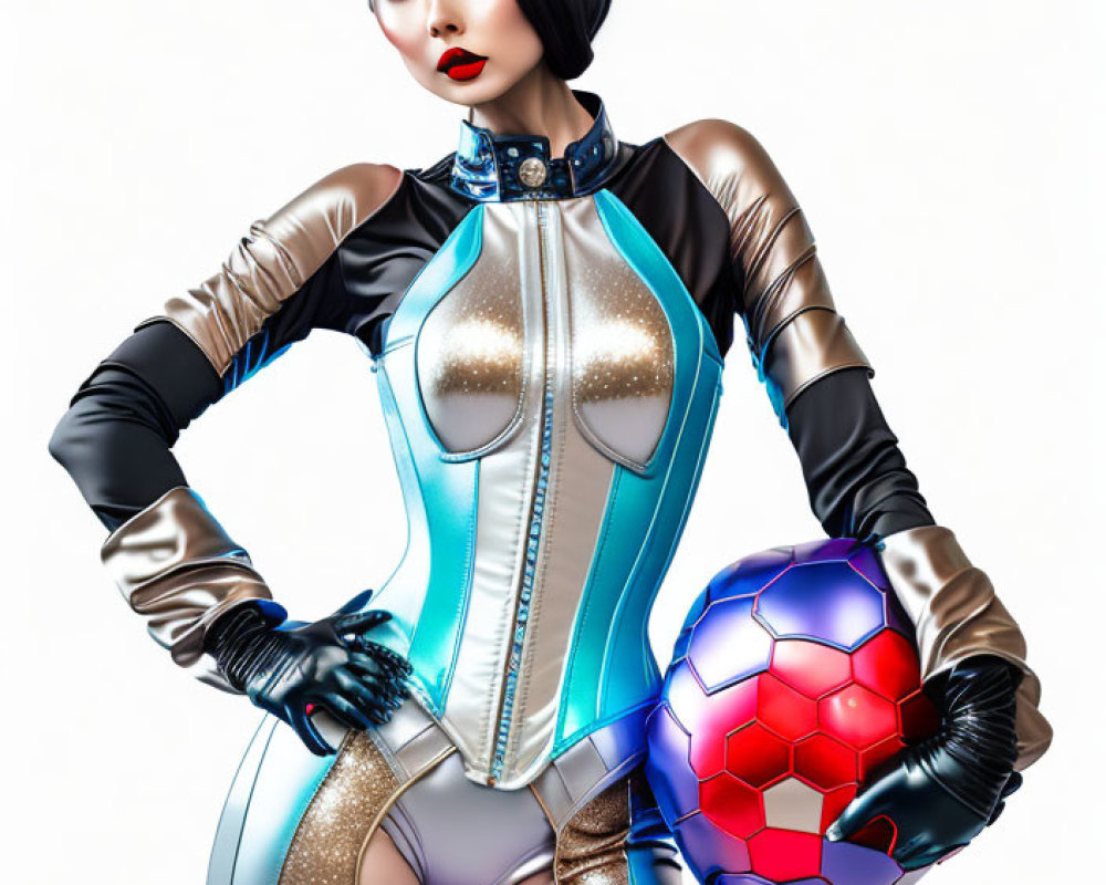 Futuristic woman in silver and blue bodysuit with bob haircut holding red and blue soccer ball