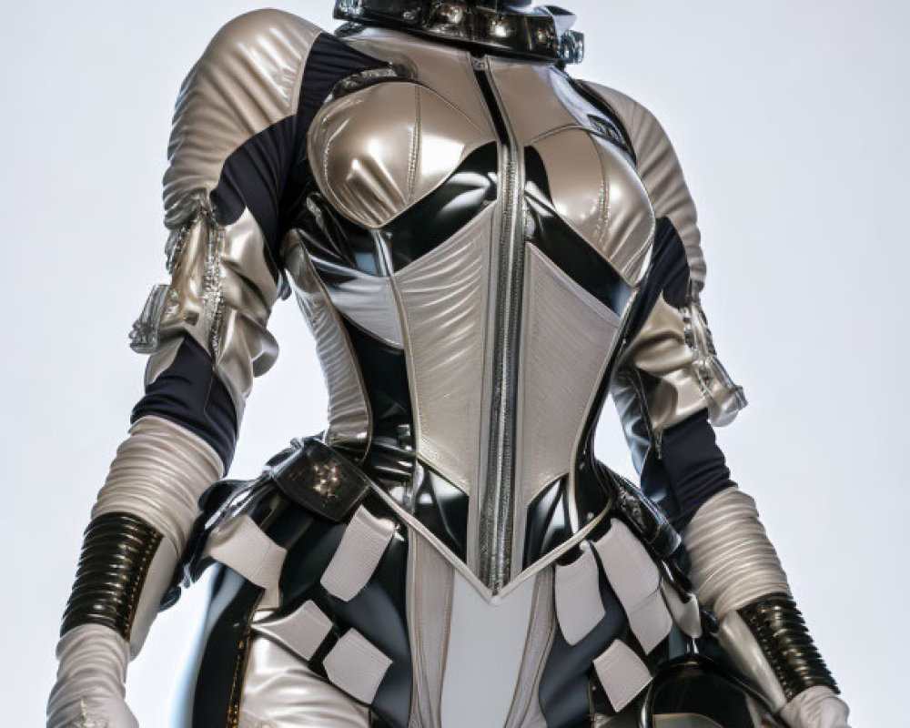 Futuristic woman in metallic silver and black bodysuit with sleek design holding a helmet