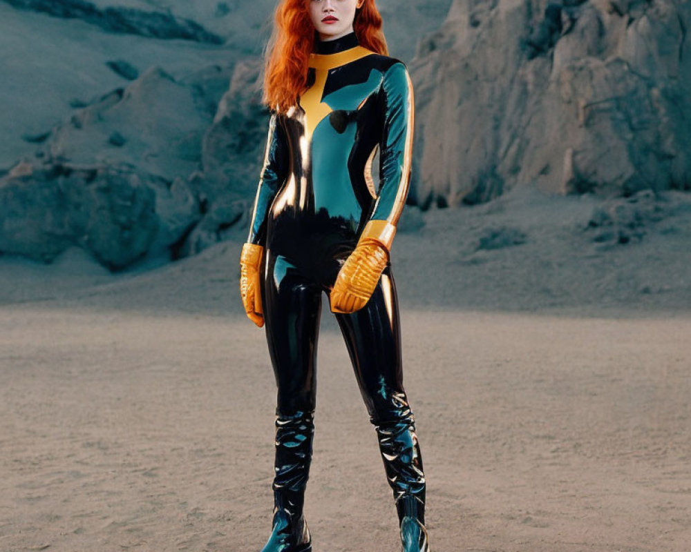 Red-haired woman in black and teal bodysuit with yellow accessories in desert landscape at dusk