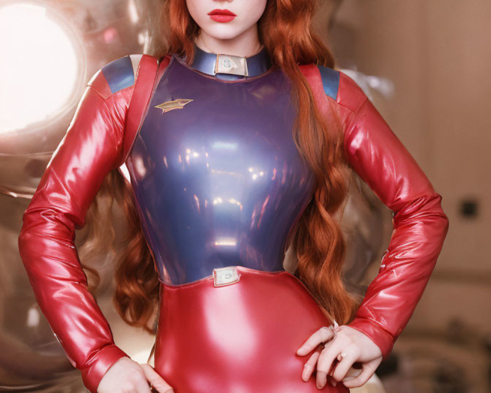 Red-haired woman in futuristic blue and red suit with star emblem in sci-fi setting