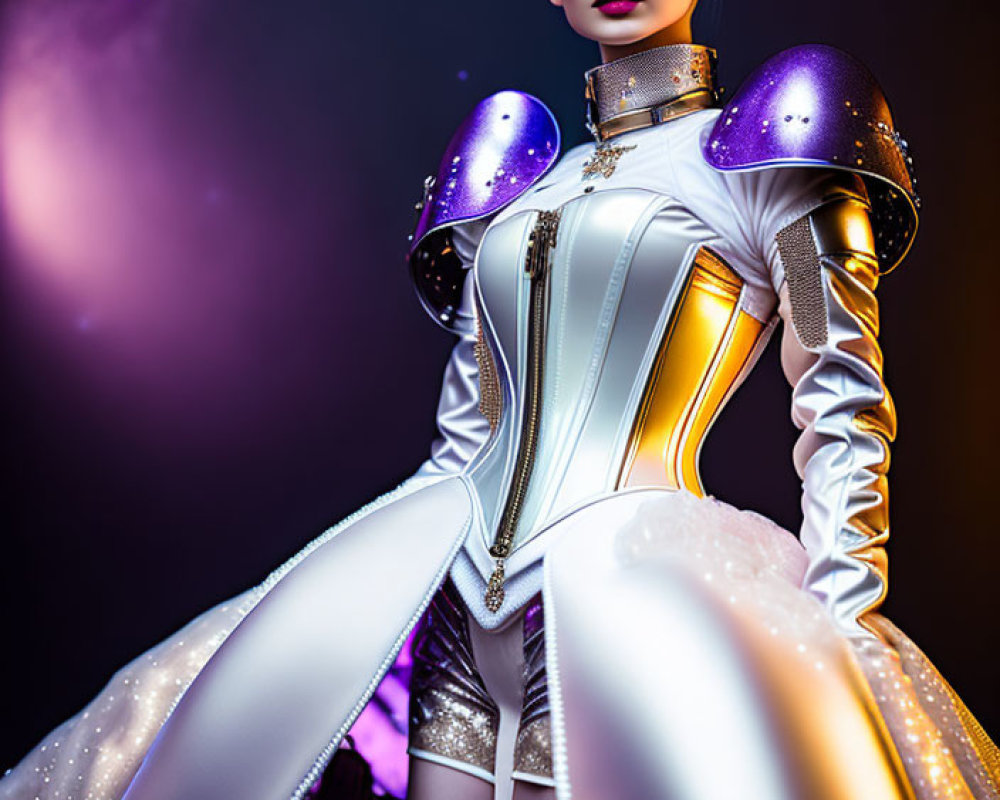 Futuristic model in metallic corset with voluminous sleeves against space backdrop