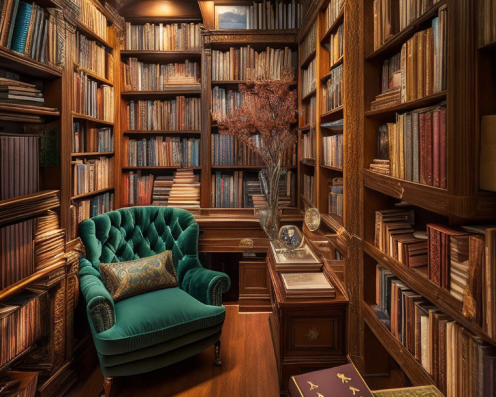 Warm Home Library with Wooden Shelves & Green Armchair