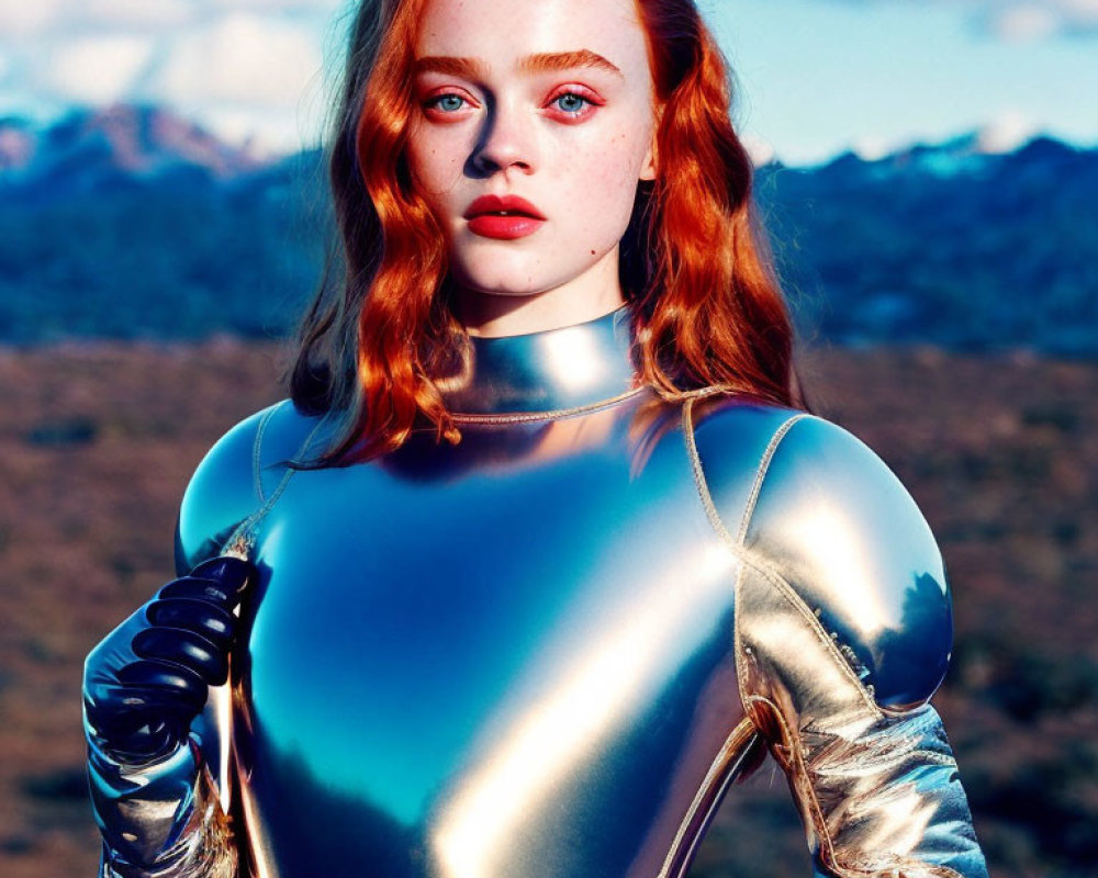 Red-haired woman in silver bodysuit with blue eyes against nature backdrop