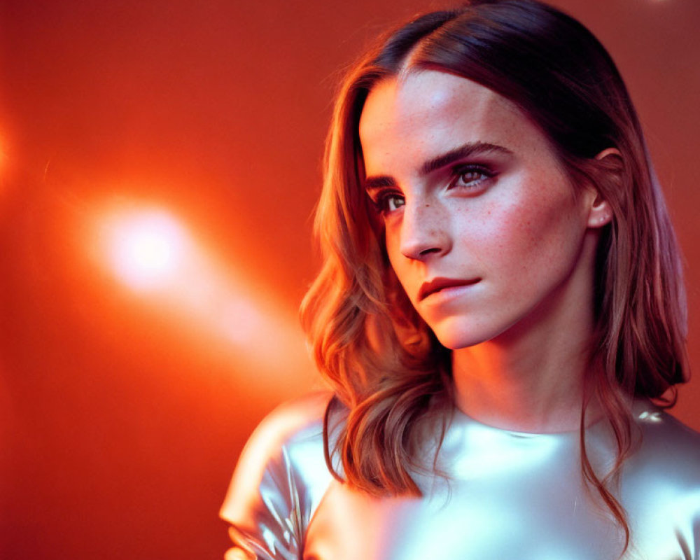 Medium-Length Hair Woman Contemplating Against Red Backdrop