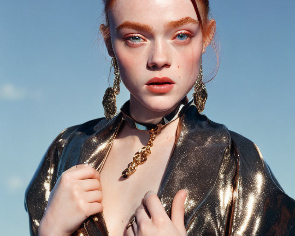 Red-haired woman in gold attire under blue sky