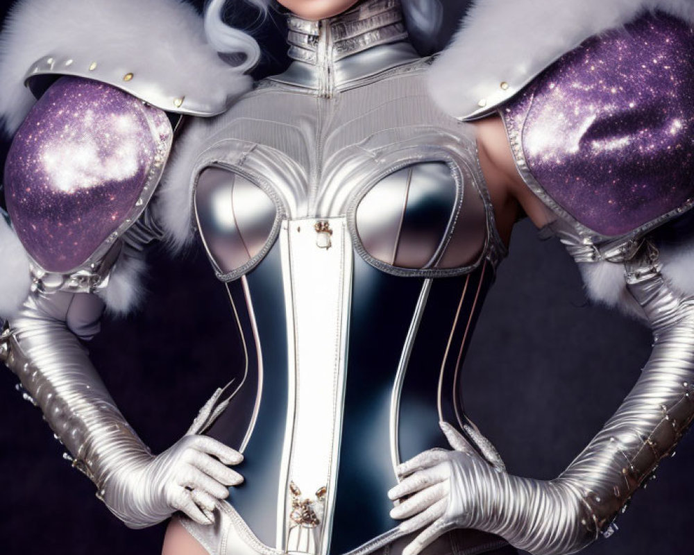 Silver-haired woman in futuristic corset with metallic details and voluminous shoulder pads