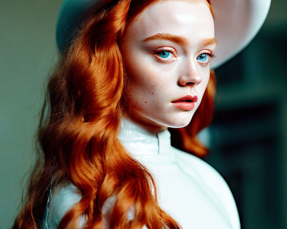 Red-haired woman in white hat and high-collared outfit gazing elegantly.