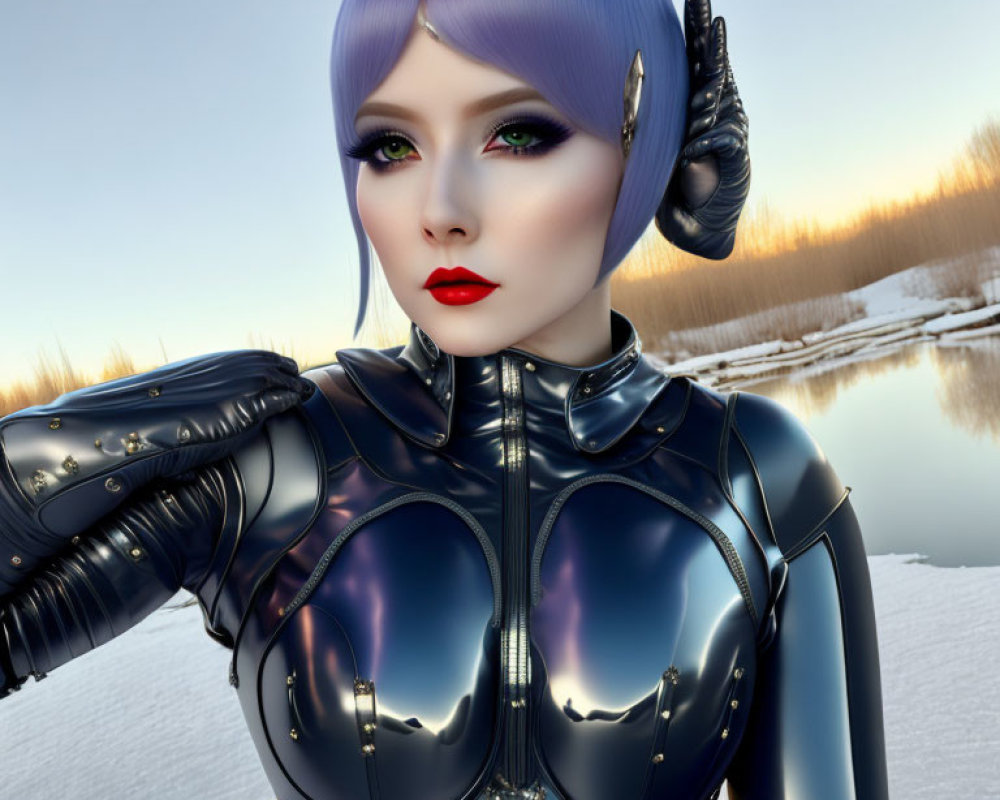 Digital artwork: Female humanoid robot with purple hair, green eyes, black bodysuit in snowy dusk